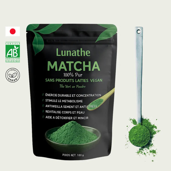 Sachet de thé matcha biologique Lunathe 100 % pur avec cuillère doseuse – énergie, anti-stress, minceur, produit vegan certifié AB